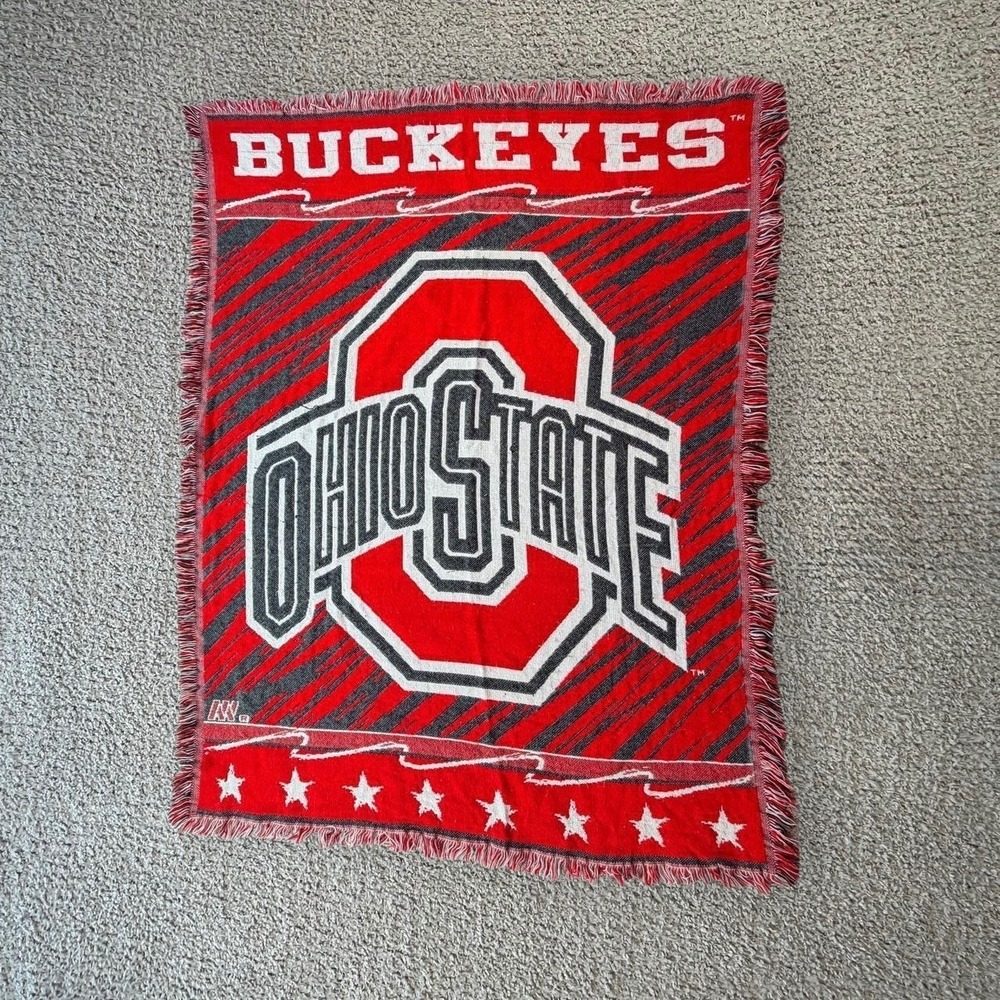 Vintage Ohio State Buckeyes Woven Blanket Northwest Co USA Red Grey 56x44